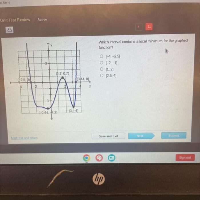 Which interval for the graphed function contains the local minimum